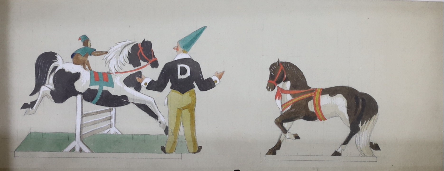 Mary Adshead (1904-1995), gouache on paper, Clown training a circus monkey and two horses, Liss Fine Art label verso, 15 x 37cm